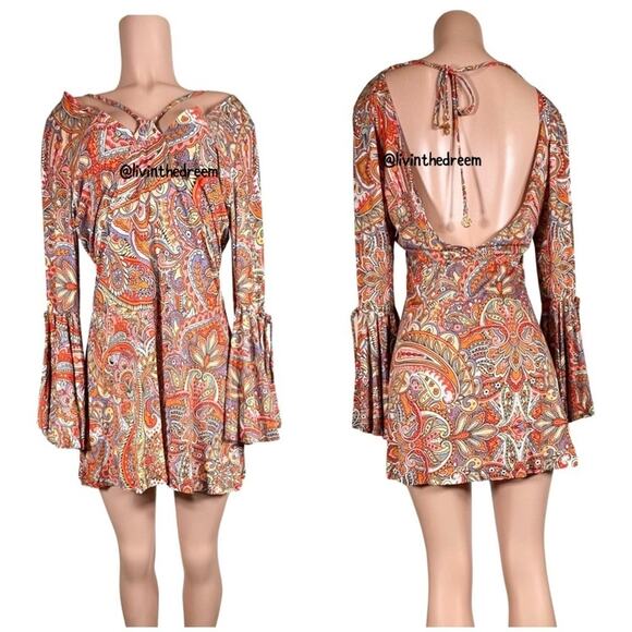 Luli Fama ANDALUZ V Neck Bell Sleeve Short Dress SZ L $145 - Picture 5 of 11